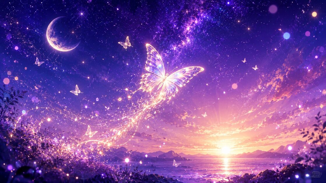 夜空から夜明けへ舞う光の蝶と星空のイメージ（再生の象徴）