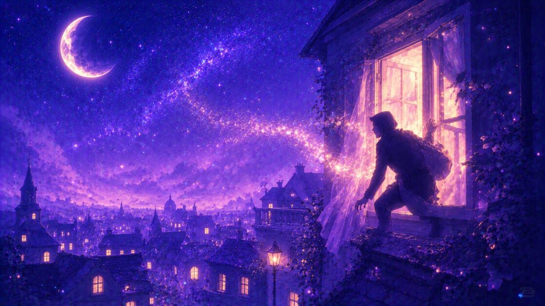 夜の街並みと窓の光、忍ぶ影をミステリアスに描いたイメージ