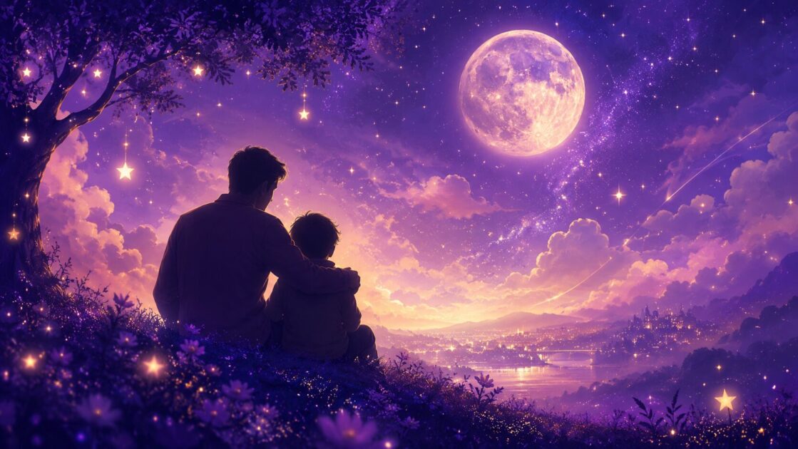 星空と月の下、父と子の温かいシルエットのイメージ