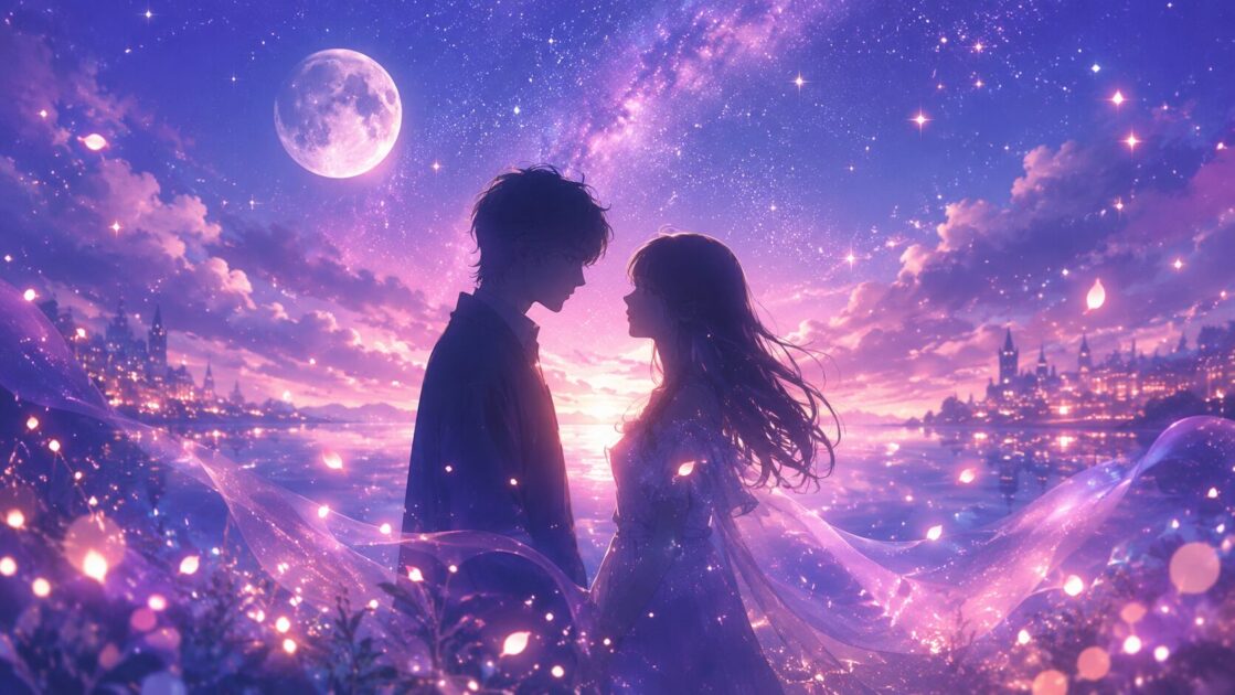 星空と月の下、向かい合う男女の優しいシルエットのイメージ