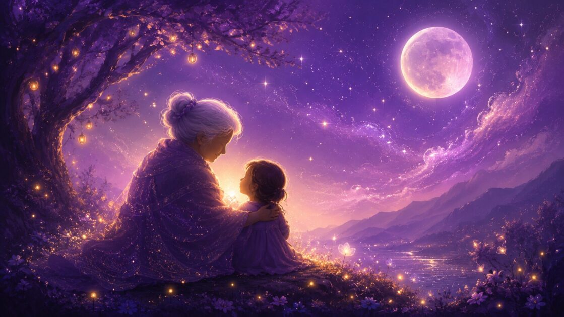 星空と月の下、祖母と孫の温かいシルエットのイメージ