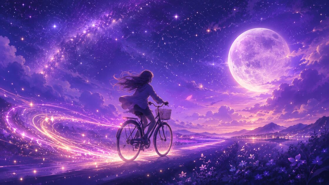 星空の下、自転車に乗る人のシルエットのイメージ