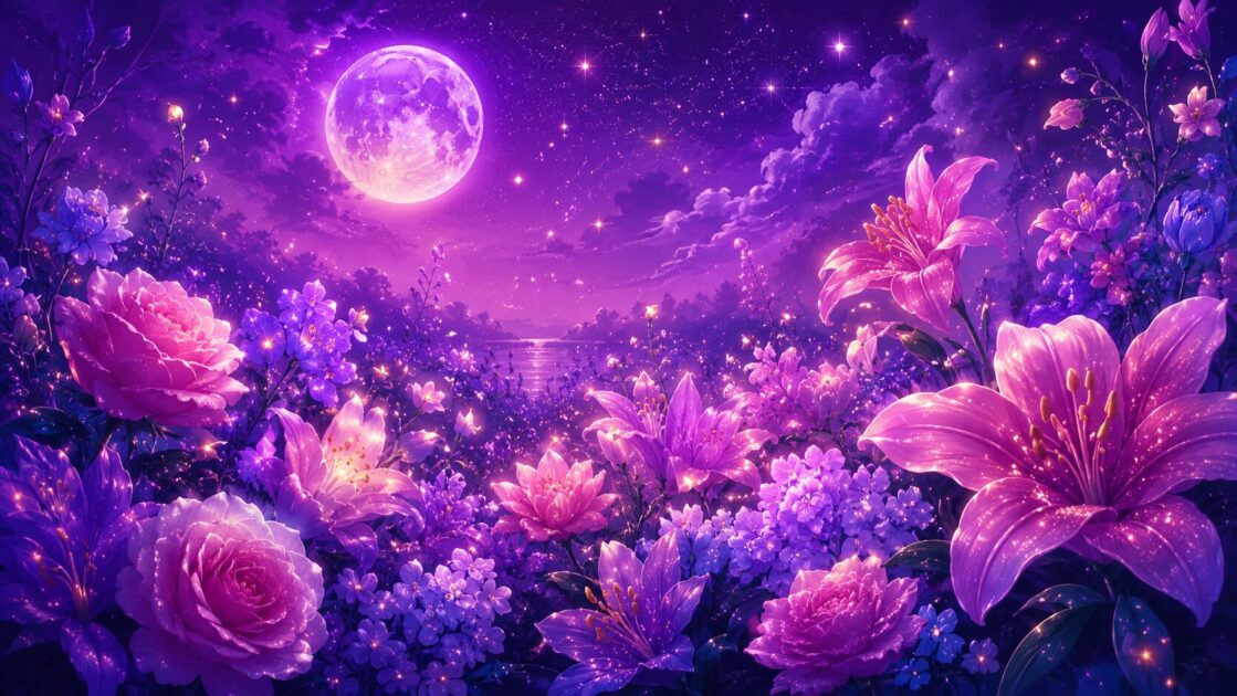 夜に咲き誇る美しい花々と光の粒のイメージ
