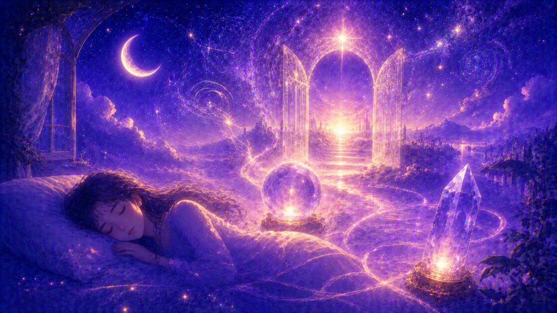 眠りの中に広がる神秘的な光のビジョンのイメージ