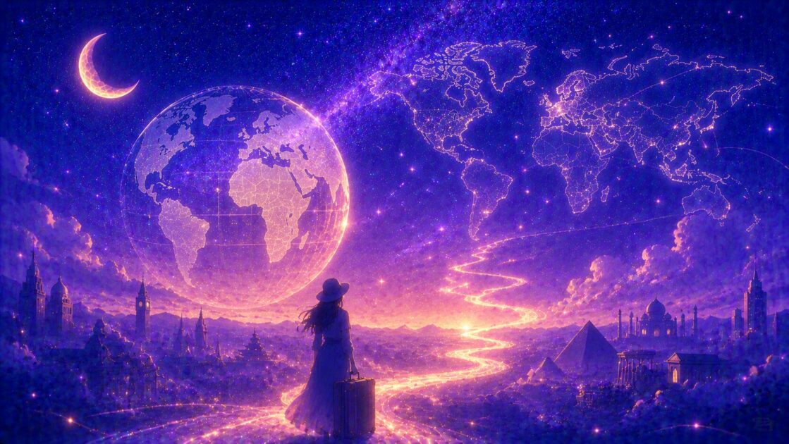 星空に浮かぶ地球儀と未知の世界へ続く光の道のイメージ