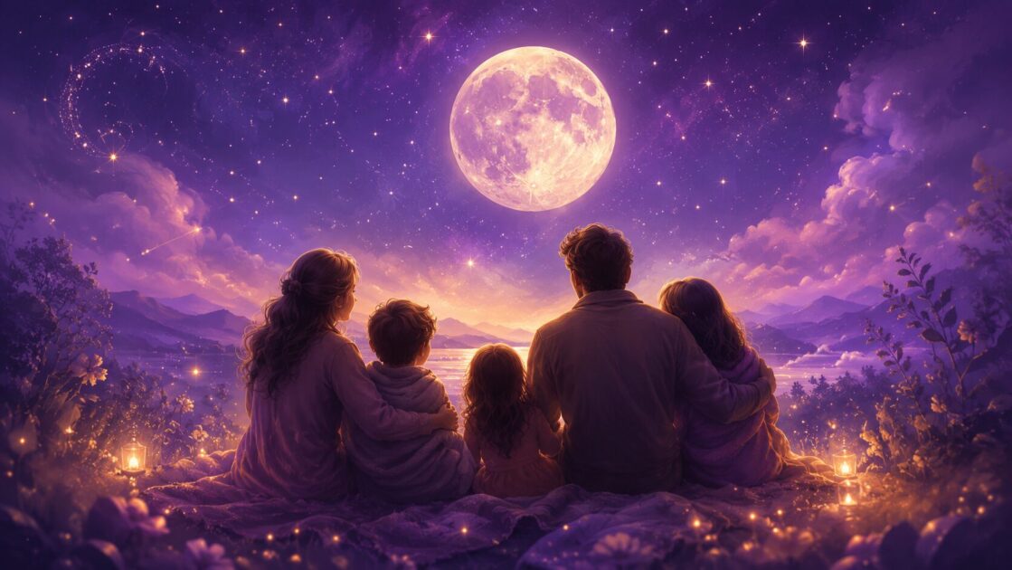 星空と月の下、寄り添う家族の温かいシルエットのイメージ