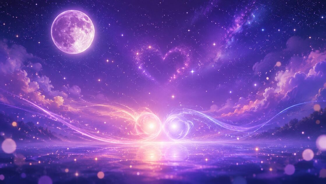紫の星空の下、寄り添う二つの光とハート形の光のイメージ