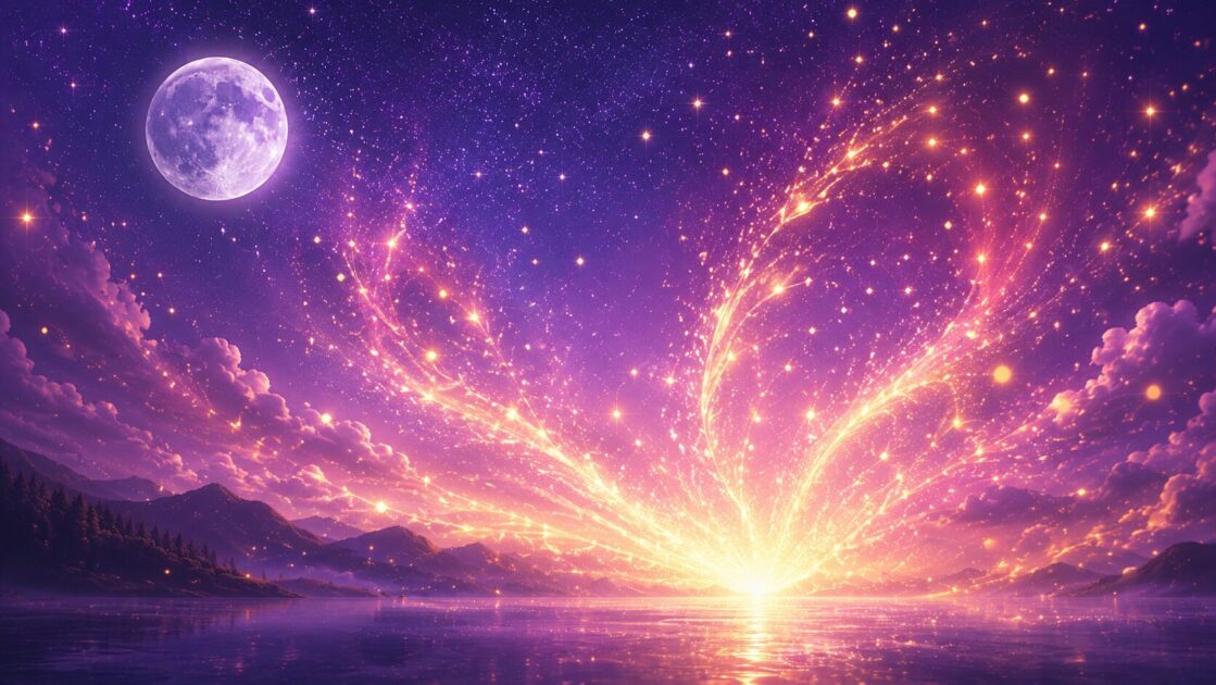 星空の下、舞い踊る光のリボンが描く優雅なイメージ