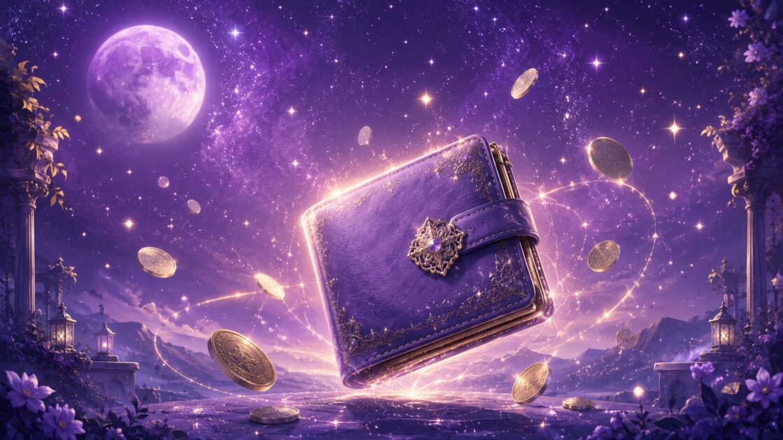 星空と月の下、光をまとった財布とコインのイメージ